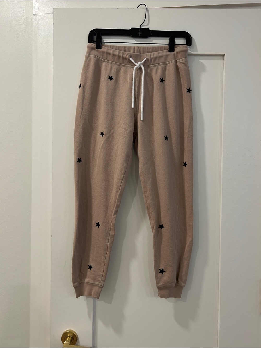 Leallo Cropped Beige Drawstring Sweatpants with Black embroidered stars, Small
